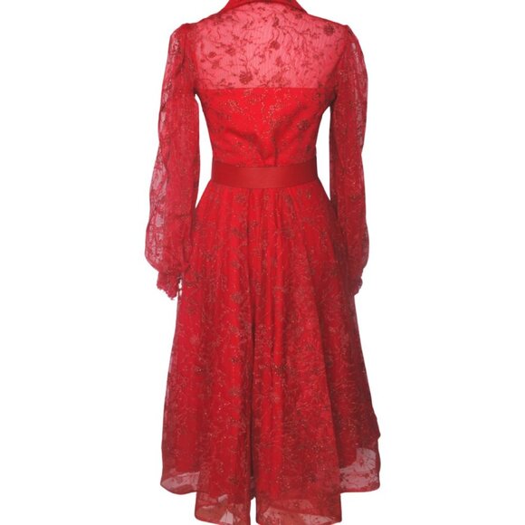 Red Glitter Midi A-Line Long Sleeve Dress with belt - Picture 2 of 5